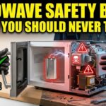 A visual guide to Microwave Safety Basics showing the safe external zones versus the dangerous internal high-voltage capacitor and magnetron.