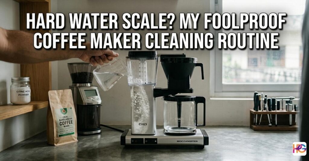 A person pouring a clear liquid into a silver Moccamaster coffee maker on a kitchen counter. Large text on the image reads: Hard Water Scale? My Foolproof Coffee Maker Cleaning Routine.