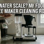 A person pouring a clear liquid into a silver Moccamaster coffee maker on a kitchen counter. Large text on the image reads: Hard Water Scale? My Foolproof Coffee Maker Cleaning Routine.