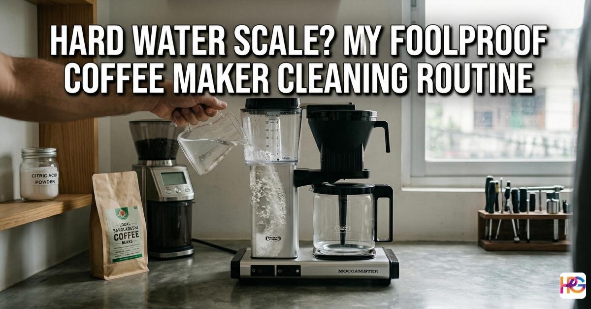 A person pouring a clear liquid into a silver Moccamaster coffee maker on a kitchen counter. Large text on the image reads: Hard Water Scale? My Foolproof Coffee Maker Cleaning Routine.