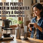 A smiling woman drinks from a warm mug in her kitchen next to the best coffee makers for hard water, including a drip machine, a steel French press, and an AeroPress.
