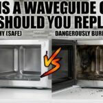 A side-by-side comparison of a clean microwave interior versus one with a burnt microwave waveguide cover and scorch marks.