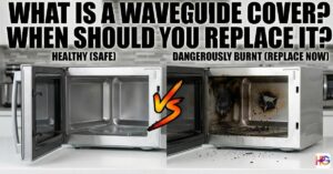 A side-by-side comparison of a clean microwave interior versus one with a burnt microwave waveguide cover and scorch marks.