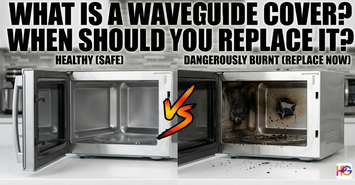 A side-by-side comparison of a clean microwave interior versus one with a burnt microwave waveguide cover and scorch marks.