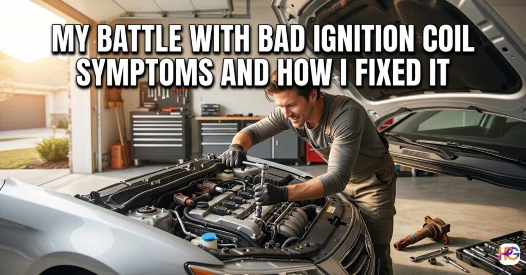 A man in a garage uses a socket wrench to fix a car engine. The text overlay reads My Battle with Bad Ignition Coil Symptoms and How I Fixed It.