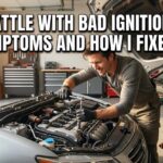 A man in a garage uses a socket wrench to fix a car engine. The text overlay reads My Battle with Bad Ignition Coil Symptoms and How I Fixed It.