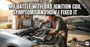 A man in a garage uses a socket wrench to fix a car engine. The text overlay reads My Battle with Bad Ignition Coil Symptoms and How I Fixed It.