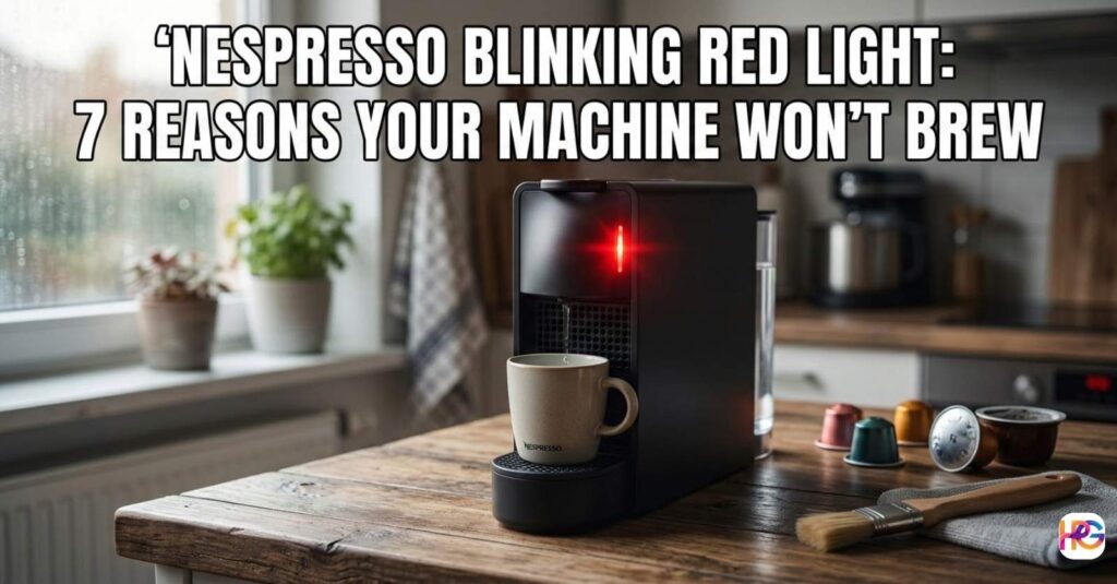 A black Nespresso machine on a wooden kitchen counter with a glowing red light and the text Nespresso Blinking Red Light: 9 Reasons Your Machine Won’t Brew.