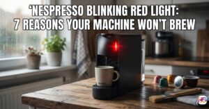 A black Nespresso machine on a wooden kitchen counter with a glowing red light and the text Nespresso Blinking Red Light: 9 Reasons Your Machine Won’t Brew.