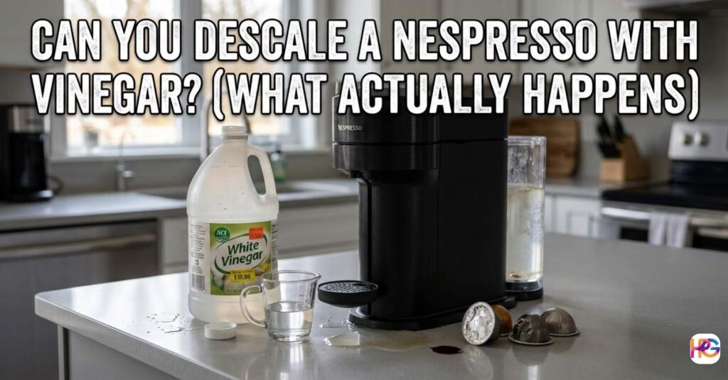A black Nespresso machine on a kitchen counter next to a large jug of white vinegar and a measuring cup, with the text "Can You Descale a Nespresso with Vinegar? (What Actually Happens)" overlayed in Impact font.