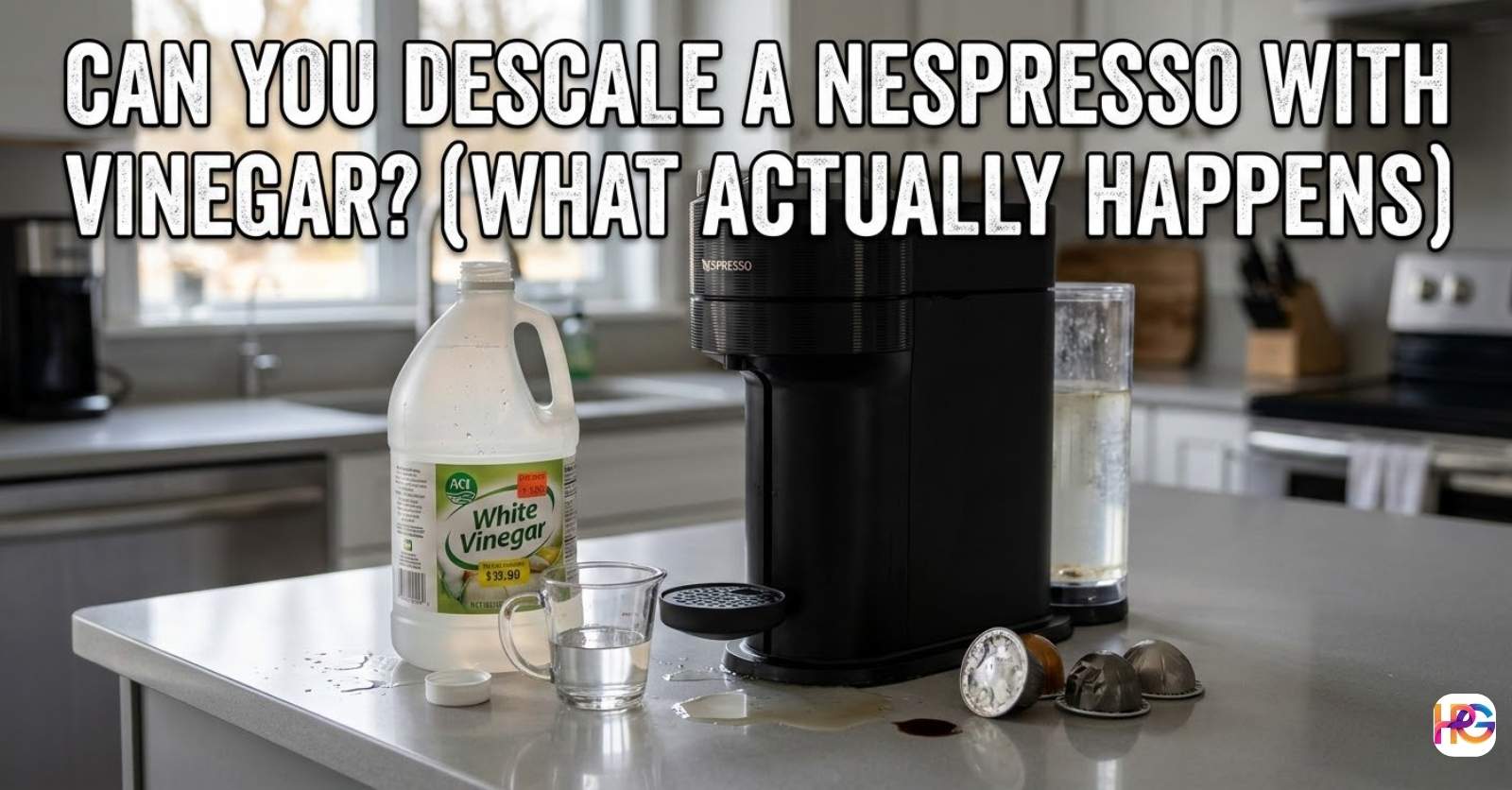 A black Nespresso machine on a kitchen counter next to a large jug of white vinegar and a measuring cup, with the text "Can You Descale a Nespresso with Vinegar? (What Actually Happens)" overlayed in Impact font.
