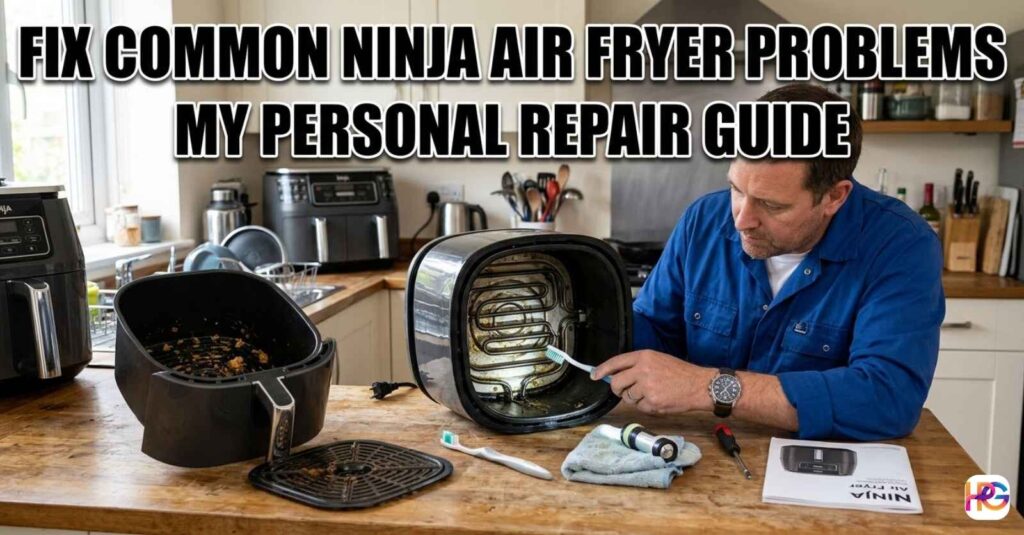 A man in a blue work shirt cleaning a Ninja air fryer heating coil with a toothbrush on a kitchen counter. The text "FIX COMMON NINJA AIR FRYER PROBLEMS" is visible in Impact font.
