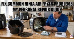A man in a blue work shirt cleaning a Ninja air fryer heating coil with a toothbrush on a kitchen counter. The text "FIX COMMON NINJA AIR FRYER PROBLEMS" is visible in Impact font.