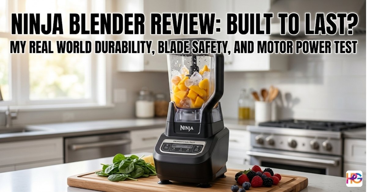 A Ninja Professional Plus blender on a kitchen counter with frozen fruit and spinach. Bold text reads: Ninja Blender Review: Built to Last?