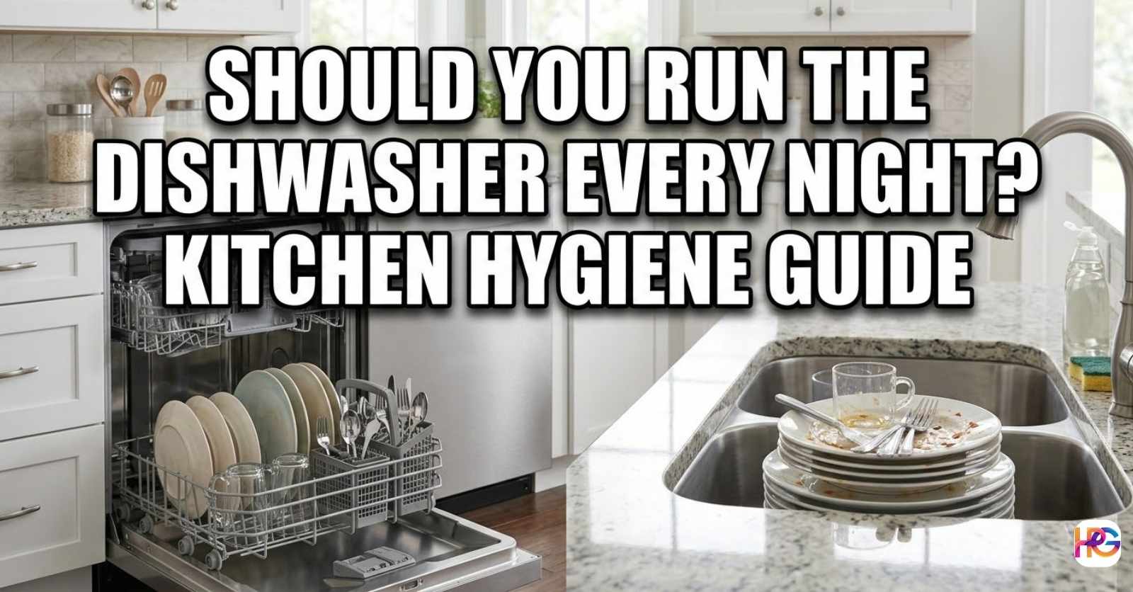 A modern kitchen with an open, loaded dishwasher and a sink with dirty dishes, featuring the text overlay: "Should You Run the Dishwasher Every Night? Kitchen Hygiene Guide."