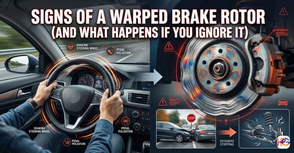 A split-screen graphic showing a driver holding a vibrating steering wheel and a close-up of a glowing, warped brake rotor with warning icons.