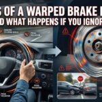 A split-screen graphic showing a driver holding a vibrating steering wheel and a close-up of a glowing, warped brake rotor with warning icons.