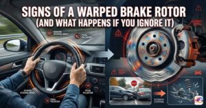 A split-screen graphic showing a driver holding a vibrating steering wheel and a close-up of a glowing, warped brake rotor with warning icons.