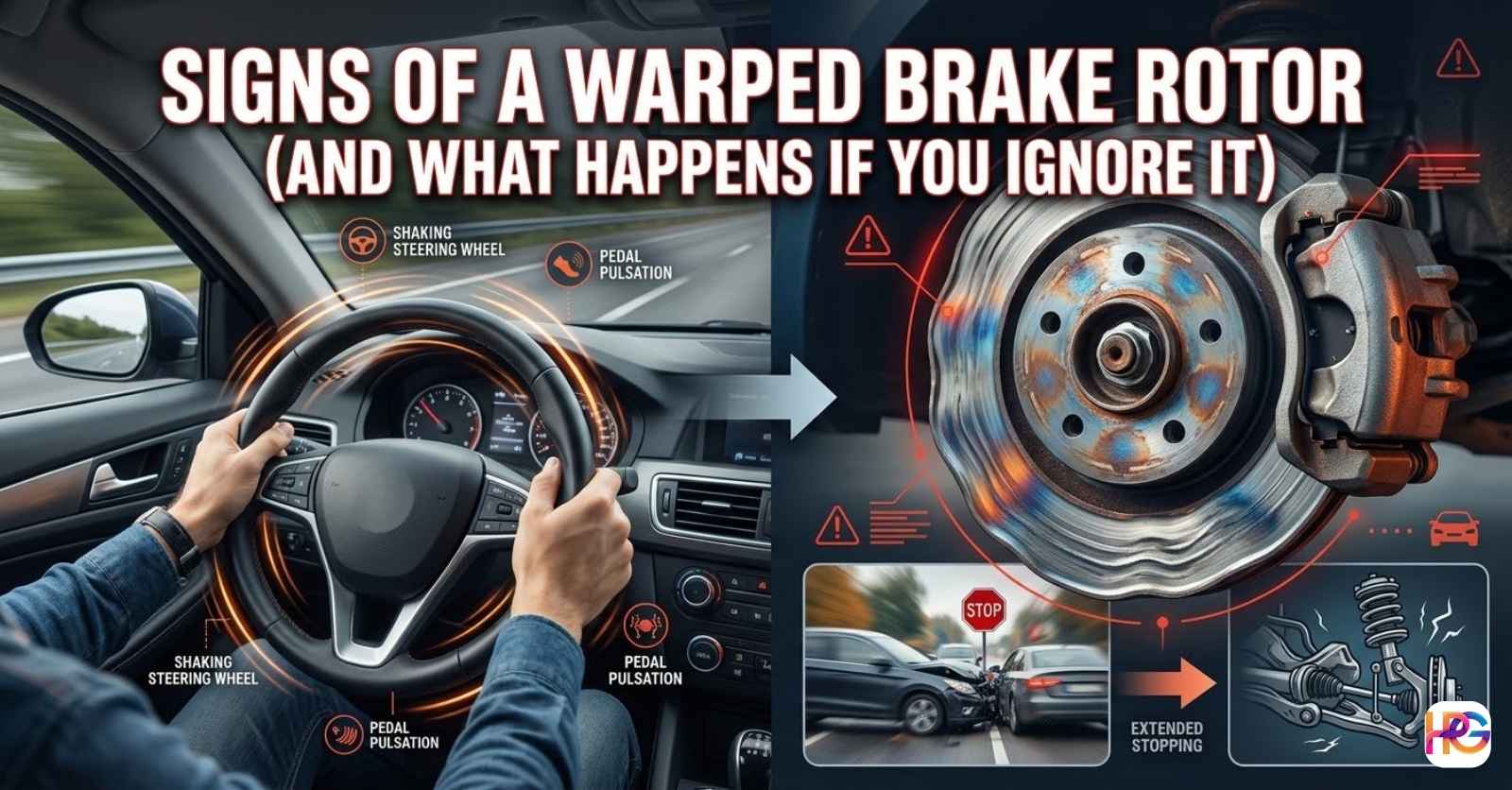 A split-screen graphic showing a driver holding a vibrating steering wheel and a close-up of a glowing, warped brake rotor with warning icons.