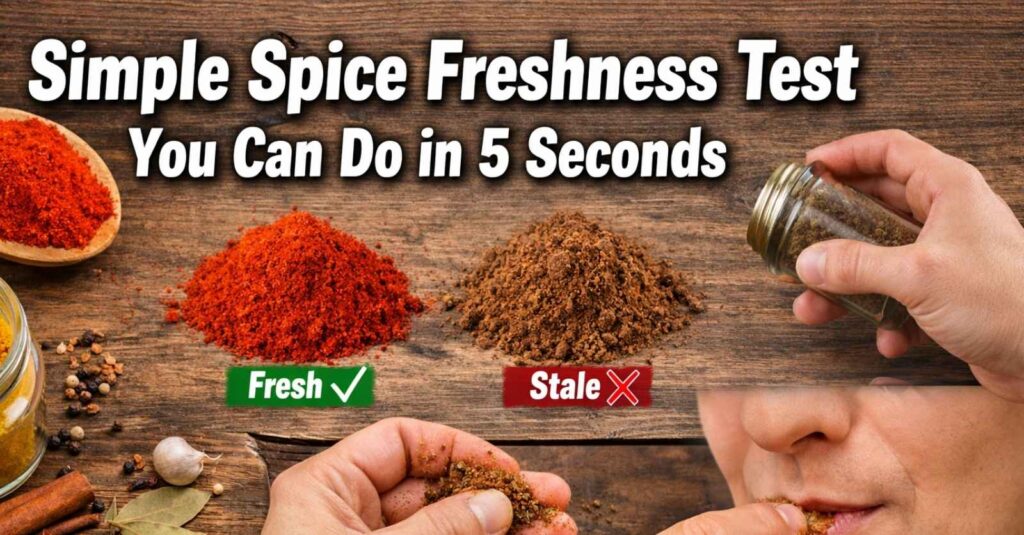 Kitchen scene with jars of colorful spices on a wooden counter and bold Impact font text reading “Simple Spice Freshness Test You Can Do in 5 Seconds.”