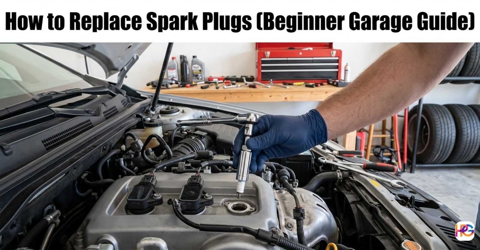 A person wearing blue gloves uses a ratchet and extension bar to install a new spark plug into a car engine.