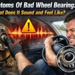Bad wheel bearing symptoms showing noisy wheel hub, warning sound waves, and driver feeling steering vibration