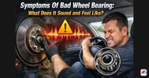 Bad wheel bearing symptoms showing noisy wheel hub, warning sound waves, and driver feeling steering vibration