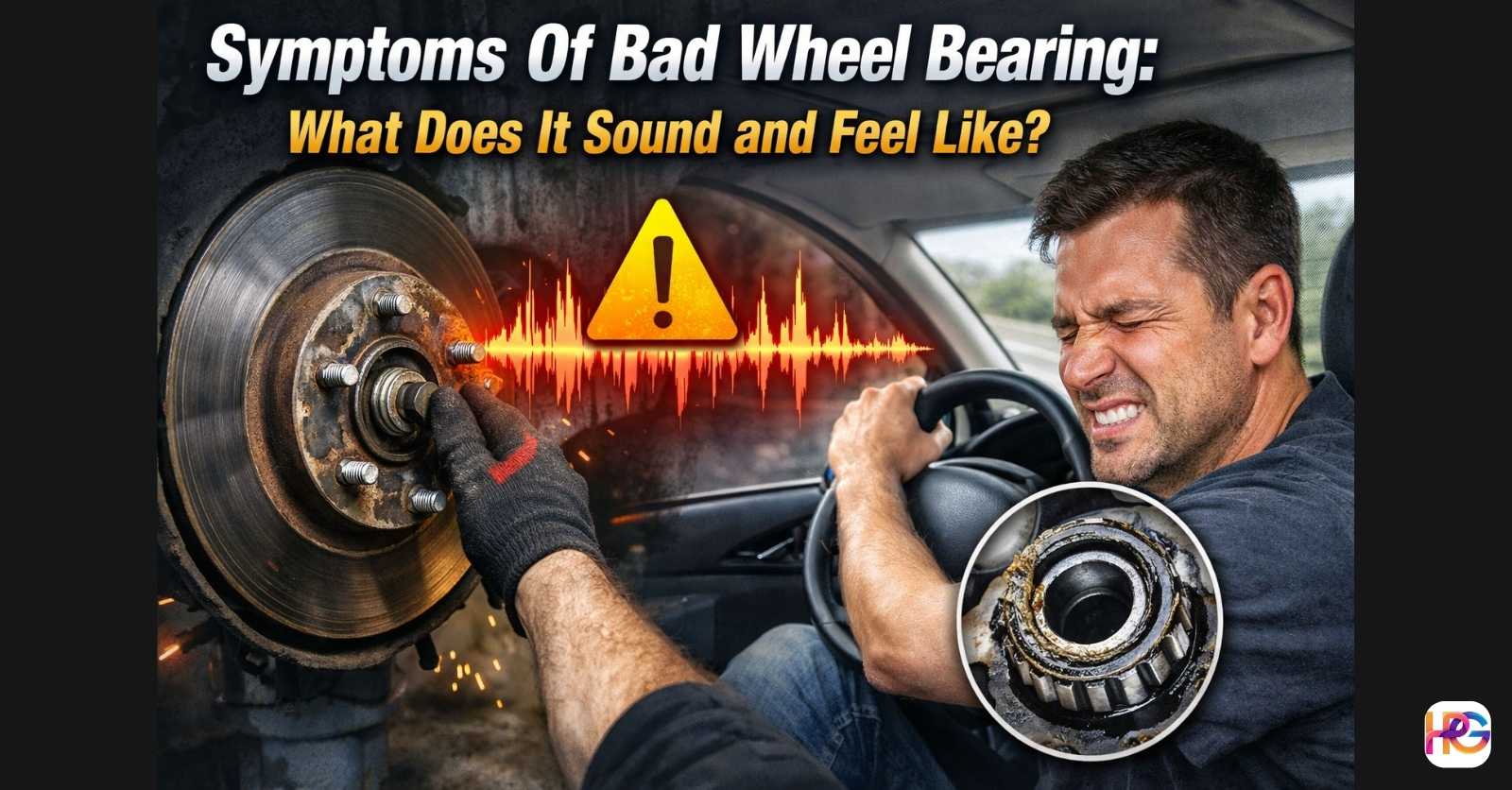 Bad wheel bearing symptoms showing noisy wheel hub, warning sound waves, and driver feeling steering vibration