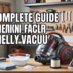 A vacuum cleaner cleaning station in a garage featuring a canister vacuum, baking soda, and filters with the title The Complete Guide to Fixing a Smelly Vacuum Cleaner.