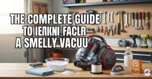A vacuum cleaner cleaning station in a garage featuring a canister vacuum, baking soda, and filters with the title The Complete Guide to Fixing a Smelly Vacuum Cleaner.