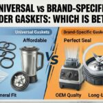 A side-by-side comparison graphic titled Universal vs Brand-Specific Blender Gaskets: Which Is Better? It shows affordable black universal O-rings on the left and a high-quality clear silicone brand-specific seal on the right.