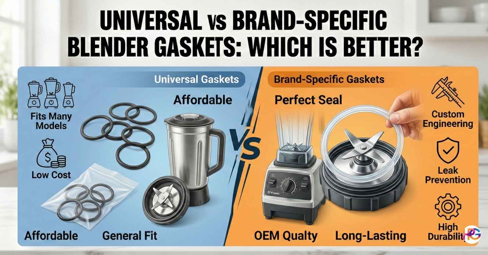 A side-by-side comparison graphic titled Universal vs Brand-Specific Blender Gaskets: Which Is Better? It shows affordable black universal O-rings on the left and a high-quality clear silicone brand-specific seal on the right.