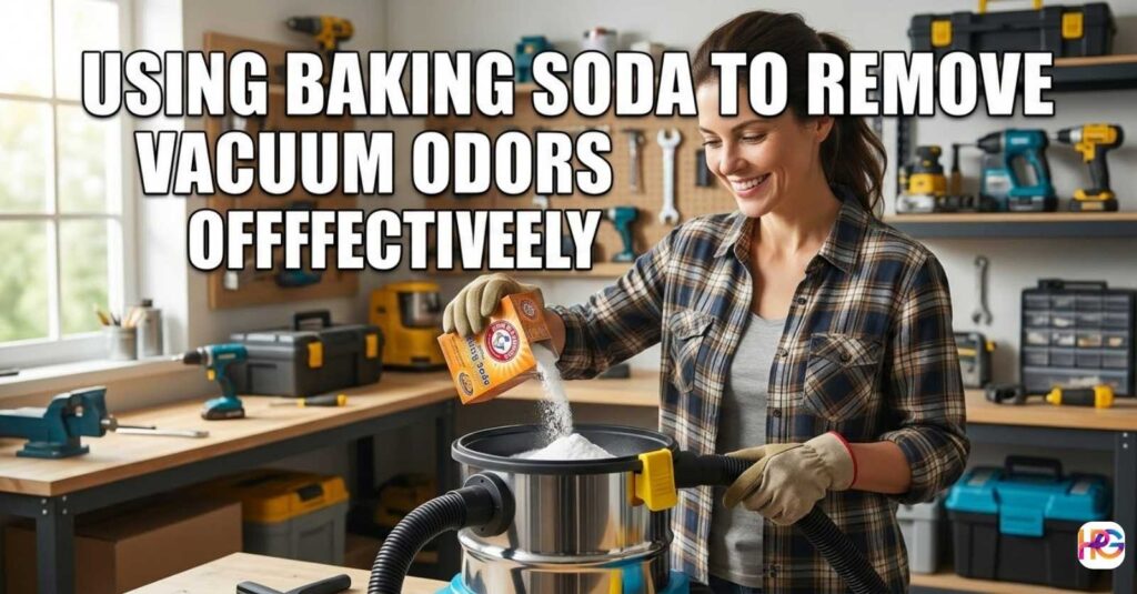 A woman in a workshop smiles while pouring a box of baking soda into the canister of a stainless steel shop vacuum to remove odors.