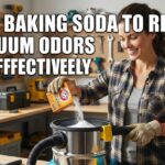 A woman in a workshop smiles while pouring a box of baking soda into the canister of a stainless steel shop vacuum to remove odors.