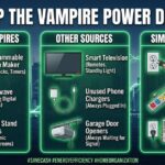 An infographic showing common kitchen energy vampires like coffee makers and microwaves next to solutions like smart power strips and power meters to stop vampire power draw.