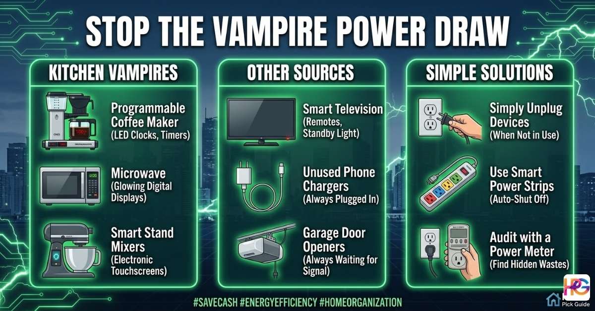 An infographic showing common kitchen energy vampires like coffee makers and microwaves next to solutions like smart power strips and power meters to stop vampire power draw.