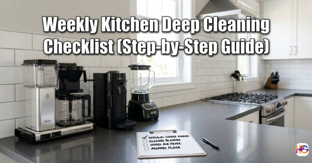 A clean kitchen counter with a Moccamaster, Nespresso machine, and blender next to a handwritten Weekly Kitchen Deep Cleaning Checklist (Step-by-Step Guide) on a clipboard.