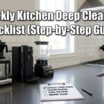 A clean kitchen counter with a Moccamaster, Nespresso machine, and blender next to a handwritten Weekly Kitchen Deep Cleaning Checklist (Step-by-Step Guide) on a clipboard.