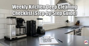 A clean kitchen counter with a Moccamaster, Nespresso machine, and blender next to a handwritten Weekly Kitchen Deep Cleaning Checklist (Step-by-Step Guide) on a clipboard.