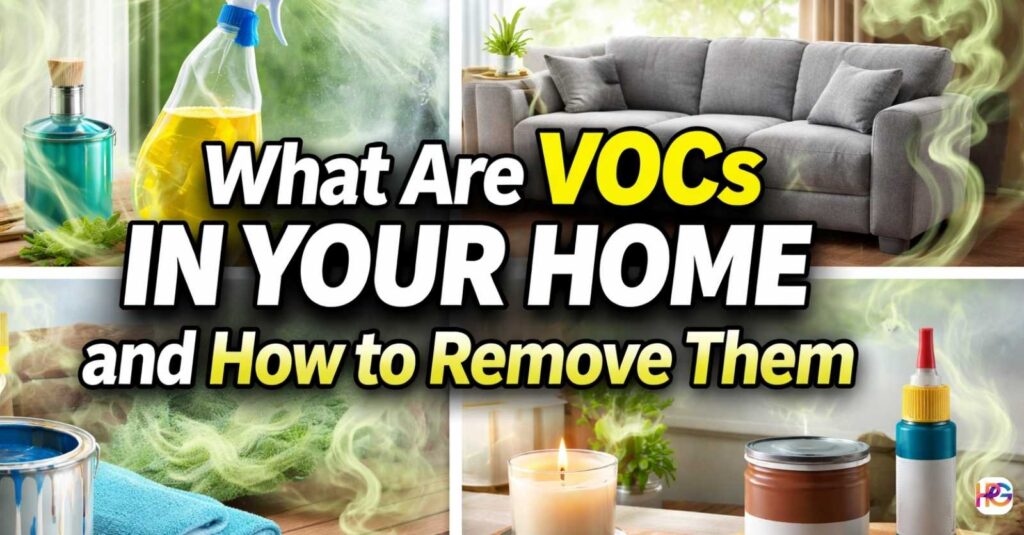 What Are VOCs in Your Home and How to Remove Them – household items like cleaning sprays, paint, and candles releasing visible vapors.
