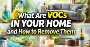 What Are VOCs in Your Home and How to Remove Them – household items like cleaning sprays, paint, and candles releasing visible vapors.