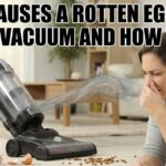 A woman in a living room covering her nose in disgust next to a vacuum cleaner blowing out gray smoke and a pile of pet food and eggshells on the rug.