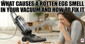 A woman in a living room covering her nose in disgust next to a vacuum cleaner blowing out gray smoke and a pile of pet food and eggshells on the rug.