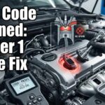 Mechanic fixing a cylinder 1 misfire on a car engine with an OBD2 scanner showing code P0301.