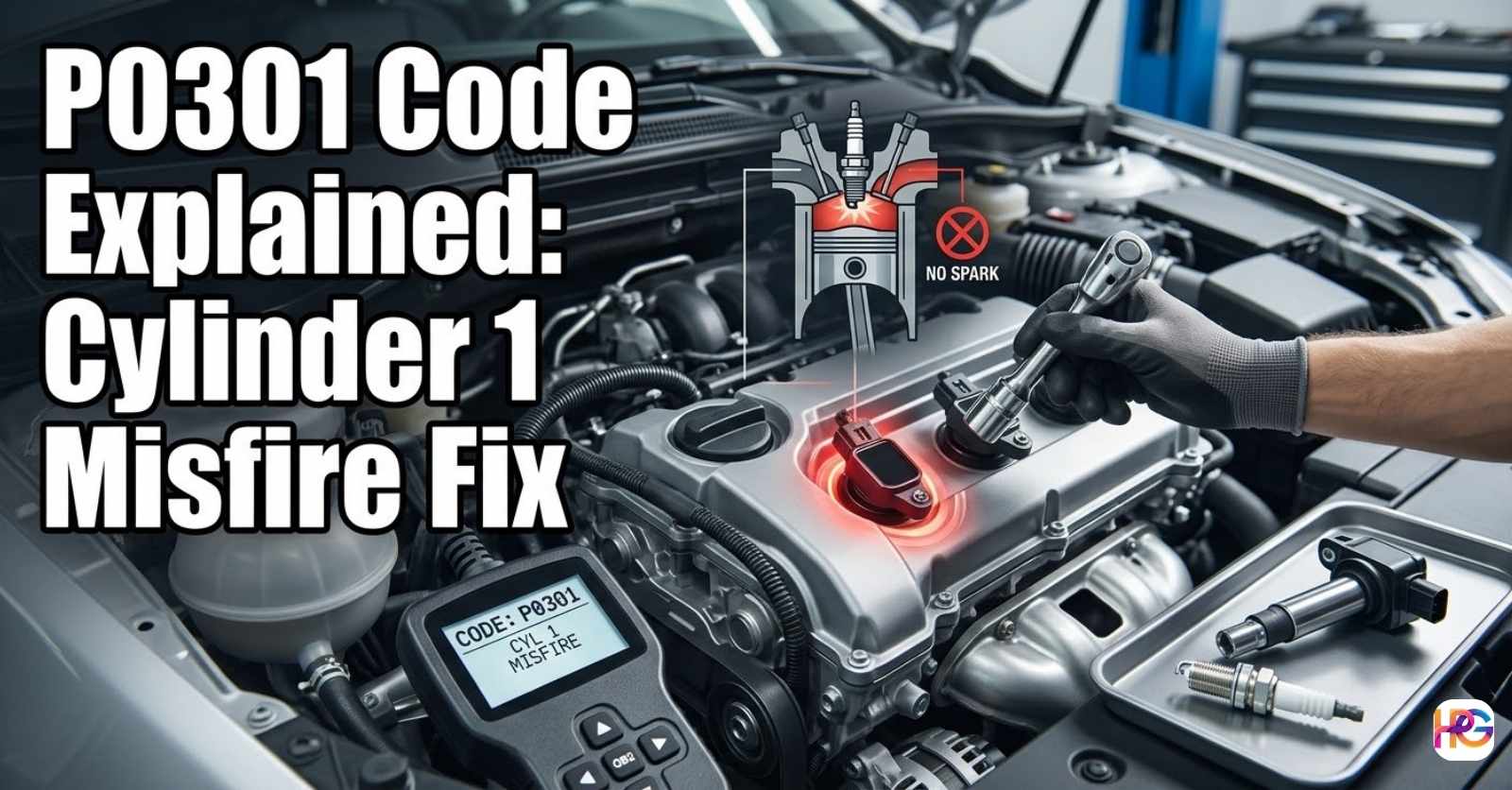 Mechanic fixing a cylinder 1 misfire on a car engine with an OBD2 scanner showing code P0301.