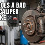 A rusty and corroded car brake caliper mounted on a worn rotor in a workshop, showing what a bad brake caliper looks like with visual signs of neglect and age.
