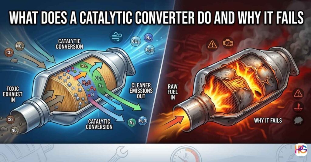 Illustration showing what does a catalytic converter do and why it fails, comparing a healthy filtering core to a hot melted unit.