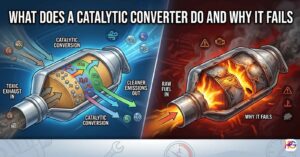 Illustration showing what does a catalytic converter do and why it fails, comparing a healthy filtering core to a hot melted unit.