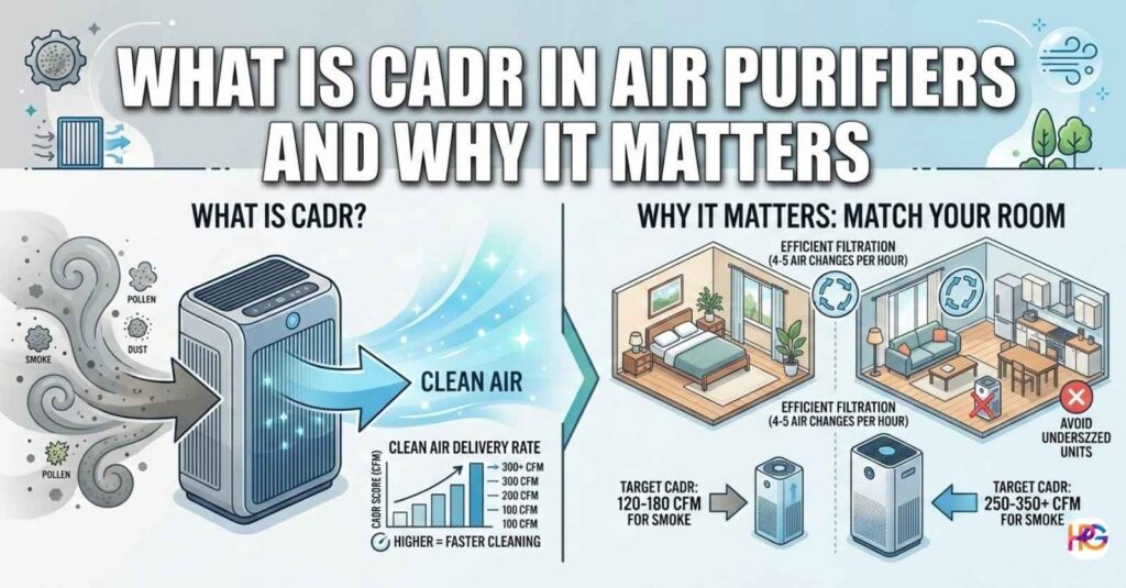 An educational infographic titled "What Is CADR in Air Purifiers and Why It Matters" showing how clean air delivery rates work in different room sizes like bedrooms and kitchens.