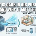 An educational infographic titled "What Is CADR in Air Purifiers and Why It Matters" showing how clean air delivery rates work in different room sizes like bedrooms and kitchens.